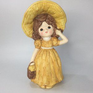Vintage Figural Coin Bank Girl in Floppy Hat and Flower Basket Japan 8.5"